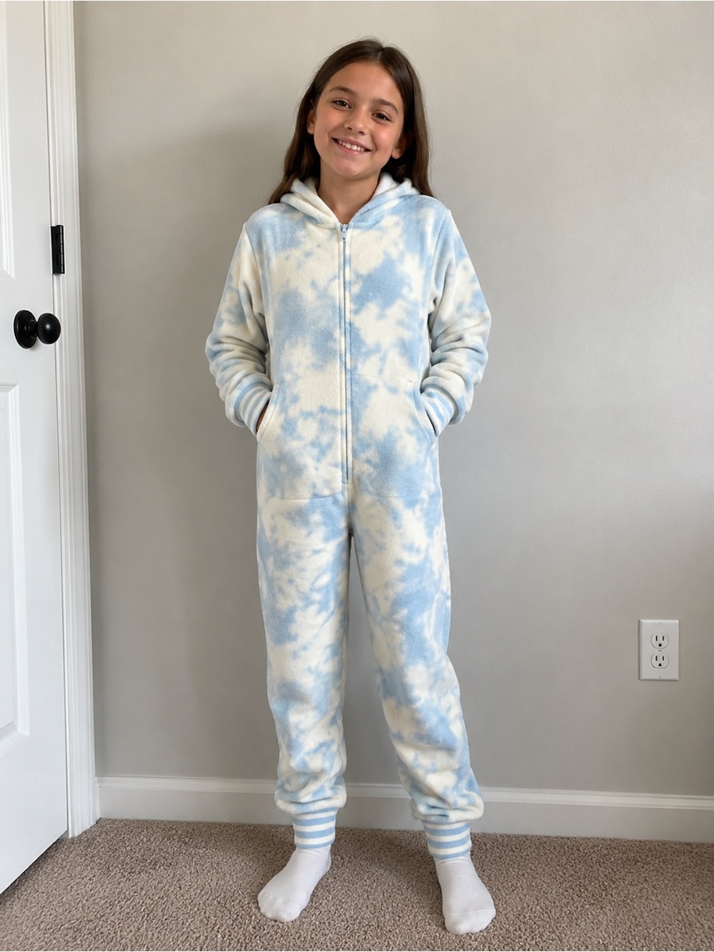💤 Cat & Jack Blue & White Hooded Fleece One-Piece Pajamas – Size L (10/12)